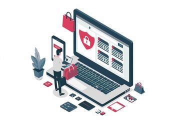 Colorful vector illustration of secure e commerce with a shopping cart, digital icons, and various devices, highlighting safe online transactions and consumer protection