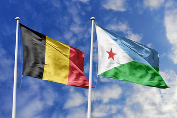 3d illustration. Belgium and Djibouti Flag waving in sky. High detailed waving flag. 3D render. Waving in sky. Flags fluttered in the cloudy sky.