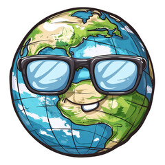 A cartoon portrait of Earth planet wearing sunglasses, isolated on white background