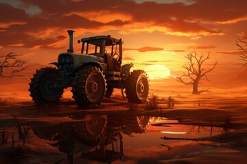 Fototapeta premium Breathtaking Tractor sunset. Farmland crop work. Generate Ai