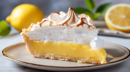 Close-up view of decadent slice of lemon meringue pie