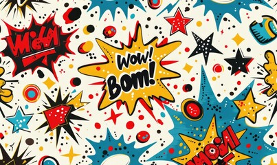 A pattern inspired by 90s pop art, featuring comic book-style graphics