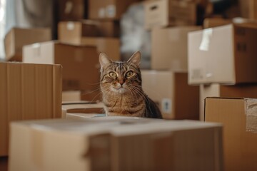 Fototapeta premium A curious tabby cat sitting among moving boxes in a new home, capturing the essence of relocation and pet exploration. Ideal for themes of moving, pets, and new beginnings.