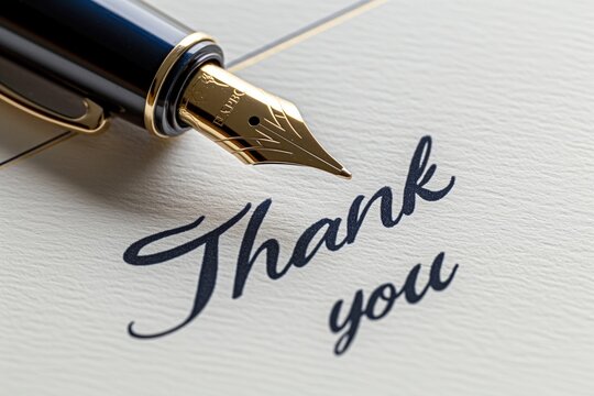 A close-up of an elegant "Thank You" note written in cursive with a black pen beside it. Perfect for themes of gratitude, appreciation, and formal correspondence.