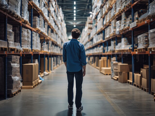 Fototapeta premium salesman in a hardware warehouse standing checking scan box in logistics for inventory check using barcode reader