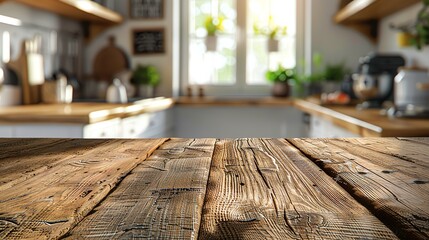 Rustic wooden tabletop in a cozy kitchen with natural light coming through the window, ideal for product display or background concepts.