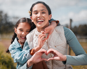 Heart hands, mother or portrait of child in farm for support in nature for care, safety or bonding...