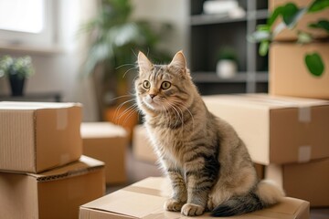 A curious tabby cat sitting on moving boxes in a bright, modern room, symbolizing new beginnings and home moving. Ideal for themes of pets, relocation, and home life.

