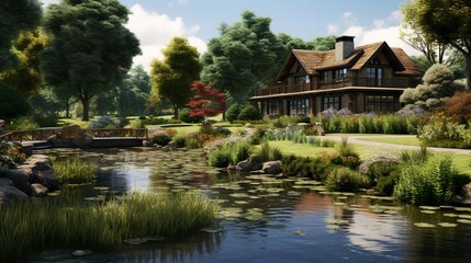 A photo of a residential property with a pond.