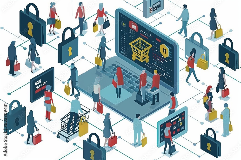 Poster dynamic vector illustration of secure online shopping with various people interacting with digital i