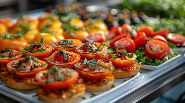 gourmet catering options, vibrant appetizers arranged on a catered table, perfect for corporate events and celebrations