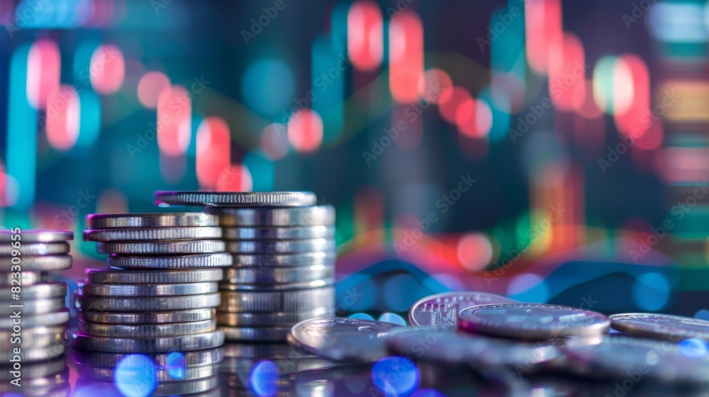 Poster stack of silver coins with trading chart in financial concepts and financial