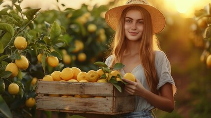 Obraz premium Beautiful girl gardener collects harvest of lemons in to basket and sniffs the lemon. Gardening concept, lemonade advertisement.