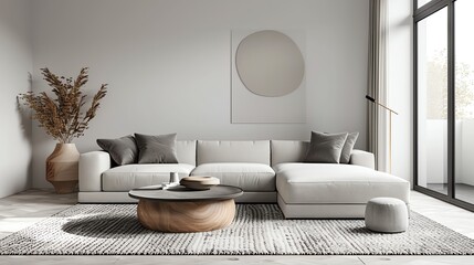 Modern minimalist living room with stylish gray sofa, chic decor, and large window providing natural light. Cozy and inviting ambiance.