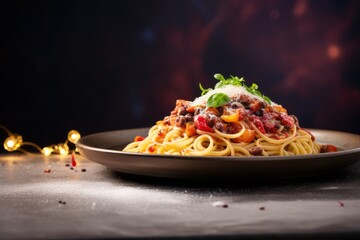 Hearty spaghetti on a slate plate against a pastel or soft colors background