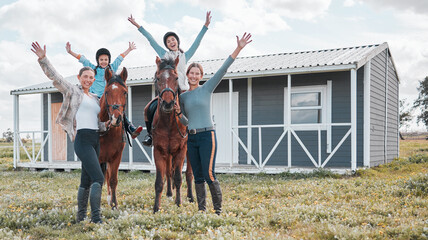 Celebration, equestrian or horse riding with teachers and children on farm or ranch for training....