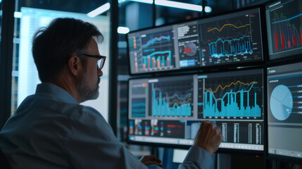 A professional analyzing financial data on multiple computer screens.