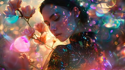 A holographic image of a model in a holographic maxi dress with holographic flowers blooming on the fabric.