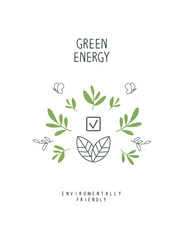 Vector cartoon sketch of green leaves and withchecklist sign with checkmark. Illustration of Environmentally friendly planet. Sign of green energy. Protect the World from pollution concept.