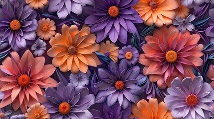 Seamless pattern featuring 3D Amethyst and Peach Daisy florals, resembling a paper quill design.
