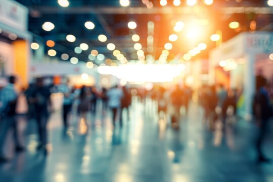 Vibrant expo hall with engaged participants, corporate event, blurred backdrop, ample room for text