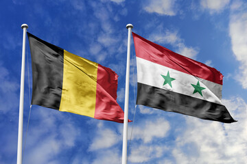 3d illustration. Belgium and Syria Flag waving in sky. High detailed waving flag. 3D render. Waving...