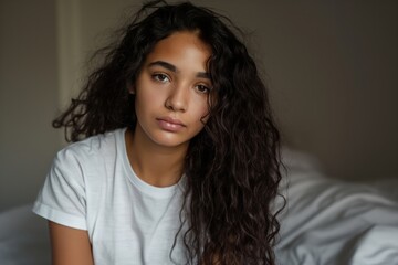Fototapeta premium Thoughtful Portrait of a Young Indian Woman with Curly Hair – Ideal for Depicting Contemplative and Serene Moments