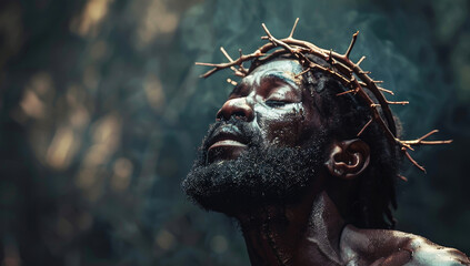 Cinematic portrayal of serenity and suffering in religious imagery with crown of thorns