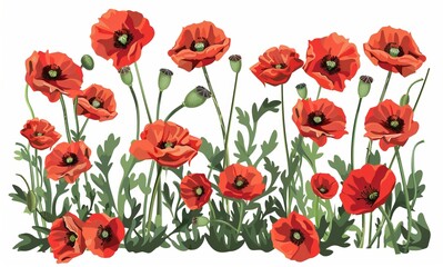 Fototapeta premium Red poppies flowers isolated on a white background in the style of a vector illustration in a flat design style.