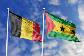 3d illustration. Belgium and São Tomé and Príncipe Flag waving in sky. High detailed waving flag. 3D render. Waving in sky. Flags fluttered in the cloudy sky.