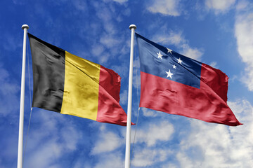 3d illustration. Belgium and Samoa Flag waving in sky. High detailed waving flag. 3D render. Waving...