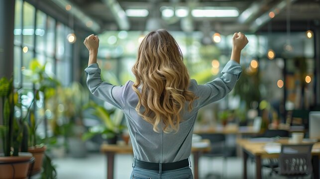 A woman in a blue shirt and jeans standing with her arms in the air in victory.