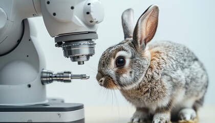 Curious rabbit examines a microscope, symbolizing scientific research and curiosity in a laboratory setting.