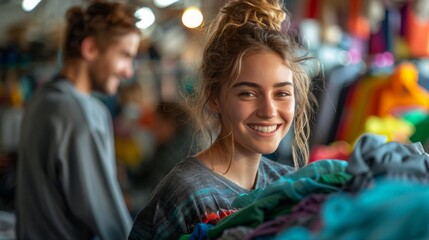 Obraz premium sustainable fashion event, young couple joyfully browsing through upcycled clothing at a community swap event with cheerful volunteers and vibrant banners around