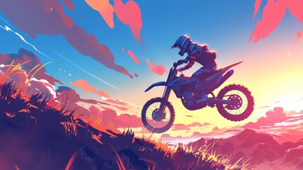 Motocross Rider Jumping at Sunset. Amazing anime illustration