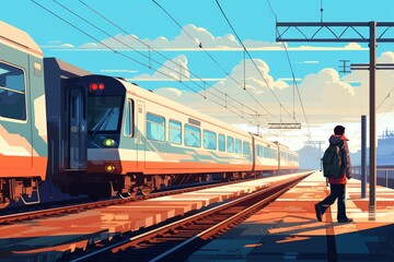 Person stands on a platform as a train arrives at sunset, with a vibrant, colorful sky backdrop