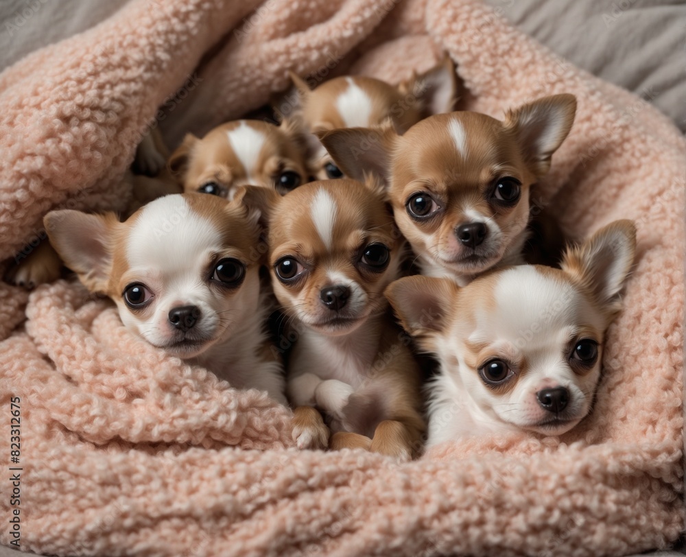 Poster AI generated illustration of a group of tiny chihuahua puppies snuggled up together in a cozy bed