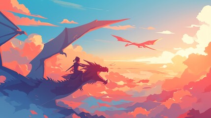 Person Riding a Dragon in a Vibrant Sky. Amazing annime illustration