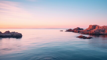 Peaceful bay at sunrise, calm waters.