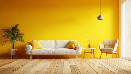 Minimalist living room with yellow walls and wooden floor
