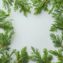 Fresh evergreen branches arranged on a light background, perfect for winter holiday decorations, seasonal greetings, and nature-inspired designs.