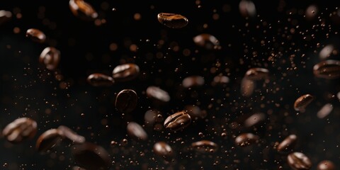 Few coffee beans flying in the air against a black background in a studio shot photographed