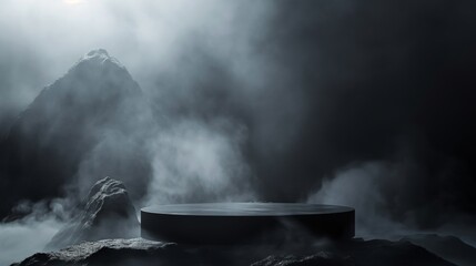 A dark pedestal set in a rocky mountain environment with surrounding fog, creating a mysterious and dramatic setting. Ideal for high-end product displays, fantasy promotions, and immersive advertising