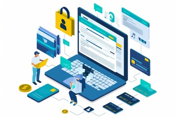 Detailed vector illustration of secure e commerce with a laptop, digital interface, and various devices, emphasizing safety and connectivity in online shopping