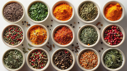 Various colorful spices at the Spice ,Colorful herbs and spices for cooking, Hot spices and chili peppers in wooden bowls flying over black background and fire