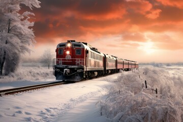 Bustling Train north winter. Nature travel europe. Generate Ai
