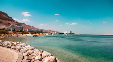 Panoramic view of the sandy beach near the Vacation Resorts at the Dead Sea, Israel. High quality...