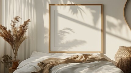 Wall poster frame mockup, cozy bedroom background	