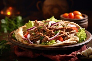Exquisite doner kebab in a clay dish against a pastel or soft colors background