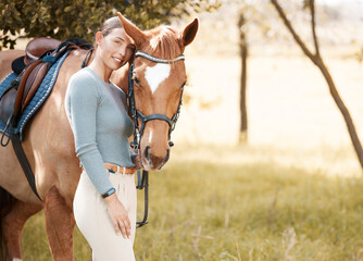 Woman, horse and smile in portrait in farm for ride with care, love and hobby in California. Female...